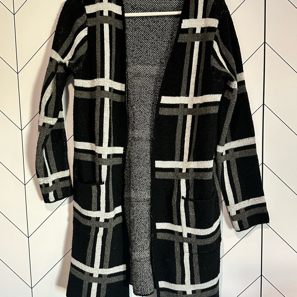 Nine West Black & White Plaid Car Coat, Size S – Classic Wool Blend